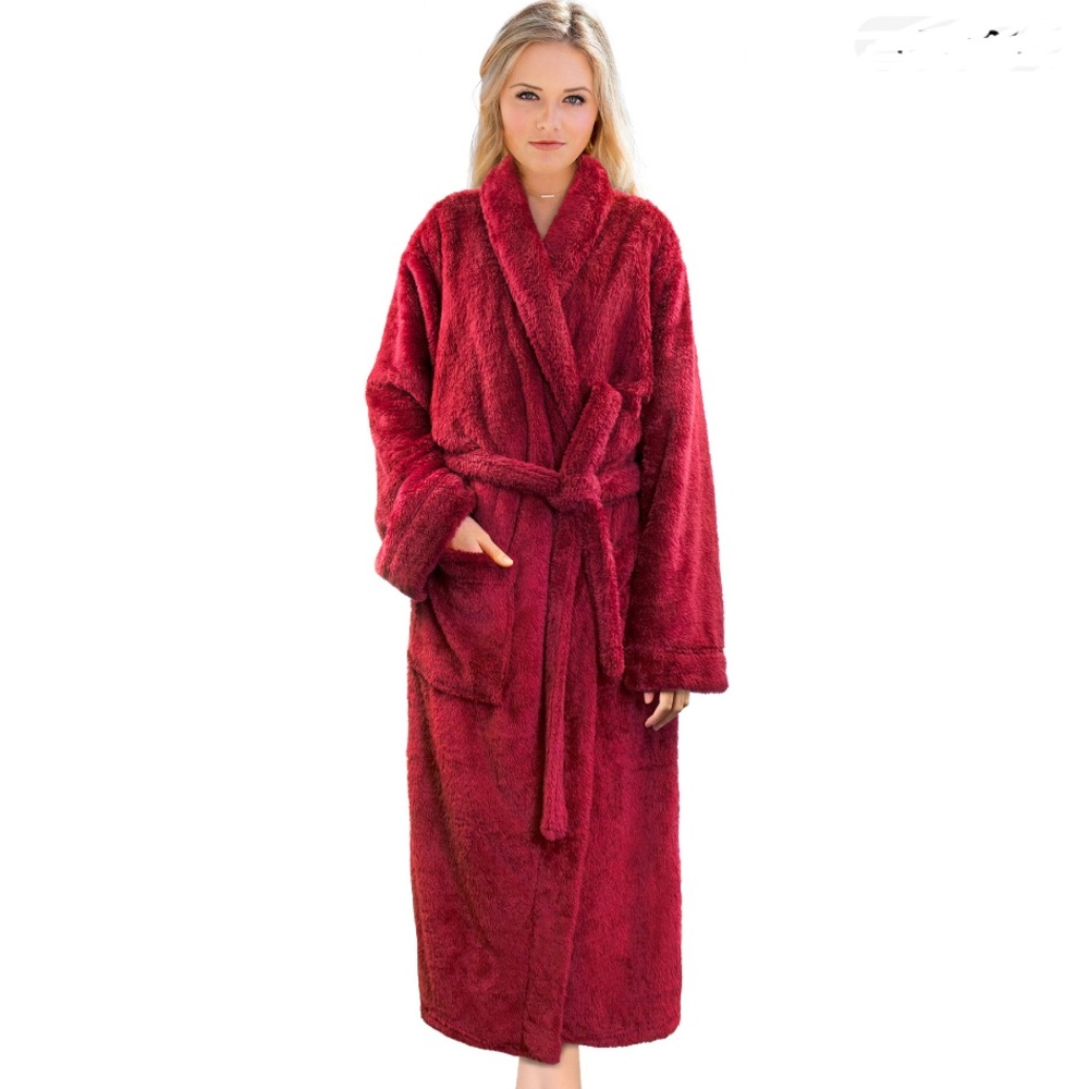 SOMA Size S/M Red BathRobe Velour Long  Spa Robe Pockets Tie Waist Fluffy  Soft
